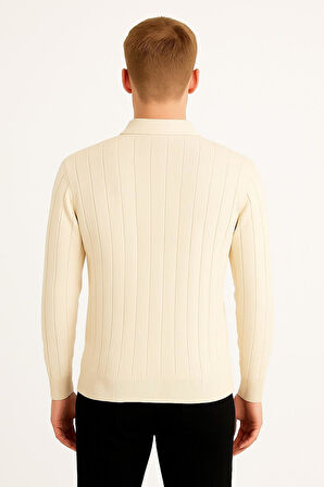 Erkek Slim Fit Polo Yaka Fitilli Triko Kazak -26107