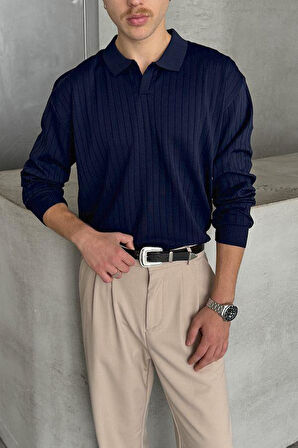 Erkek Slim Fit Polo Yaka Fitilli Triko Kazak -26107