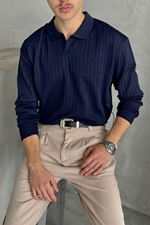 Erkek Slim Fit Polo Yaka Fitilli Triko Kazak -26107