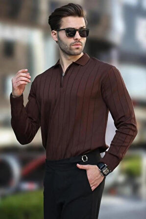 Erkek Slim Fit Polo Yaka Fermuarlı Fitilli Triko Kazak - 4001