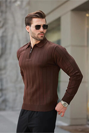 Erkek Slim Fit Polo Yaka Fermuarlı Fitilli Triko Kazak - 4001