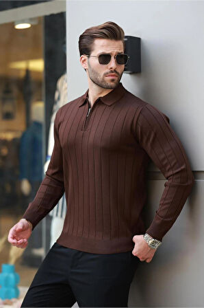 Erkek Slim Fit Polo Yaka Fermuarlı Fitilli Triko Kazak - 4001