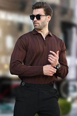 Erkek Slim Fit Polo Yaka Fermuarlı Fitilli Triko Kazak - 4001