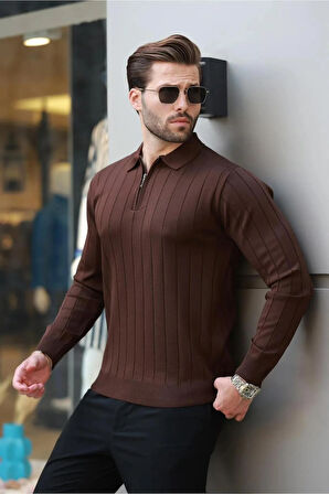 Erkek Slim Fit Polo Yaka Fermuarlı Fitilli Triko Kazak - 4001