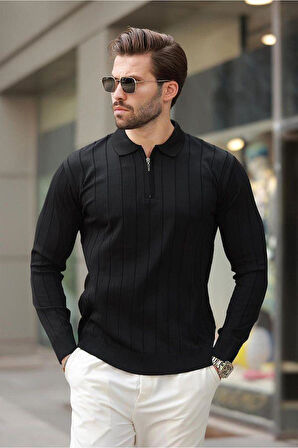 Erkek Slim Fit Polo Yaka Fermuarlı Fitilli Triko Kazak - 4001