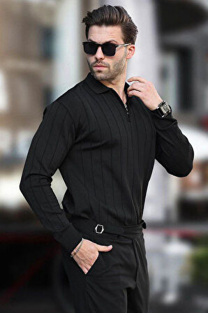Erkek Slim Fit Polo Yaka Fermuarlı Fitilli Triko Kazak - 4001
