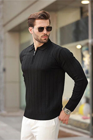 Erkek Slim Fit Polo Yaka Fermuarlı Fitilli Triko Kazak - 4001