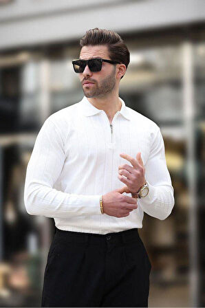 Erkek Slim Fit Polo Yaka Fermuarlı Fitilli Triko Kazak - 4001