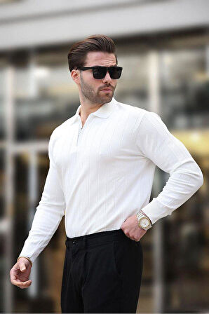 Erkek Slim Fit Polo Yaka Fermuarlı Fitilli Triko Kazak - 4001