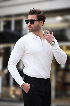 Erkek Slim Fit Polo Yaka Fermuarlı Fitilli Triko Kazak - 4001