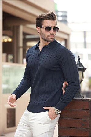 Erkek Slim Fit Polo Yaka Fermuarlı Fitilli Triko Kazak - 4001