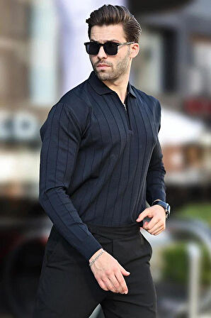Erkek Slim Fit Polo Yaka Fermuarlı Fitilli Triko Kazak - 4001