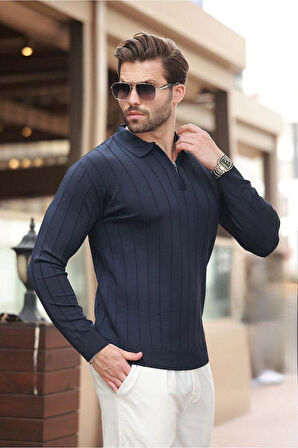 Erkek Slim Fit Polo Yaka Fermuarlı Fitilli Triko Kazak - 4001