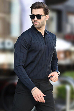 Erkek Slim Fit Polo Yaka Fermuarlı Fitilli Triko Kazak - 4001