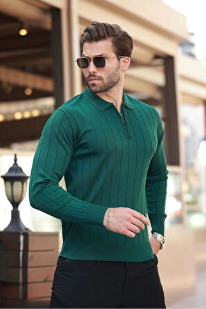 Erkek Slim Fit Polo Yaka Fermuarlı Fitilli Triko Kazak - 4001