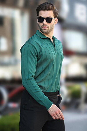 Erkek Slim Fit Polo Yaka Fermuarlı Fitilli Triko Kazak - 4001
