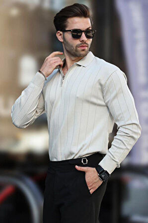 Erkek Slim Fit Polo Yaka Fermuarlı Fitilli Triko Kazak - 4001