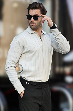 Erkek Slim Fit Polo Yaka Fermuarlı Fitilli Triko Kazak - 4001