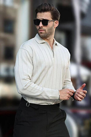 Erkek Slim Fit Polo Yaka Fermuarlı Fitilli Triko Kazak - 4001