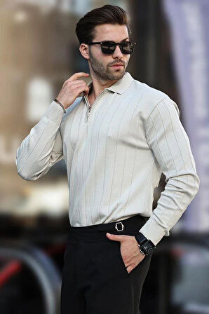 Erkek Slim Fit Polo Yaka Fermuarlı Fitilli Triko Kazak - 4001