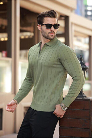 Erkek Slim Fit Polo Yaka Fermuarlı Fitilli Triko Kazak - 4001