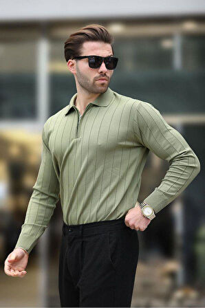 Erkek Slim Fit Polo Yaka Fermuarlı Fitilli Triko Kazak - 4001