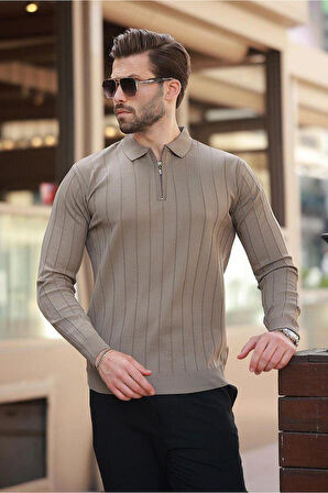 Erkek Slim Fit Polo Yaka Fermuarlı Fitilli Triko Kazak - 4001