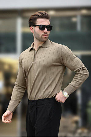Erkek Slim Fit Polo Yaka Fermuarlı Fitilli Triko Kazak - 4001