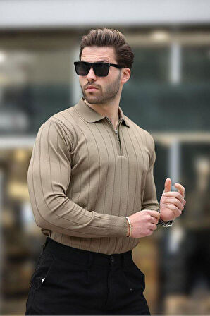 Erkek Slim Fit Polo Yaka Fermuarlı Fitilli Triko Kazak - 4001