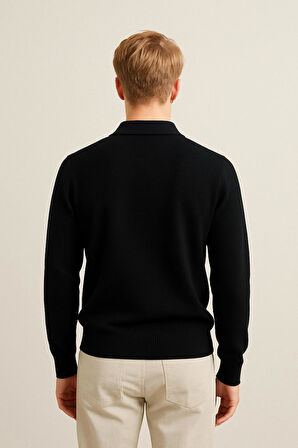 Erkek Tam Kalıp Düz Renk Polo Yaka Fermuarlı Uzun Kollu Triko Kazak - LP903