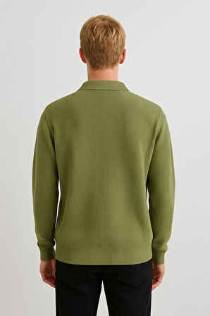 Erkek Tam Kalıp Düz Renk Polo Yaka Fermuarlı Uzun Kollu Triko Kazak - LP903