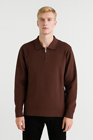 Erkek Tam Kalıp Düz Renk Polo Yaka Fermuarlı Uzun Kollu Triko Kazak - LP903