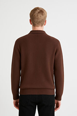 Erkek Tam Kalıp Düz Renk Polo Yaka Fermuarlı Uzun Kollu Triko Kazak - LP903