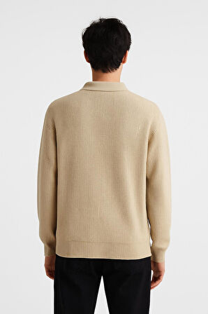 Erkek Tam Kalıp Düz Renk Polo Yaka Fermuarlı Uzun Kollu Triko Kazak - LP903