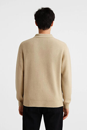 Erkek Tam Kalıp Düz Renk Polo Yaka Fermuarlı Uzun Kollu Triko Kazak - LP903