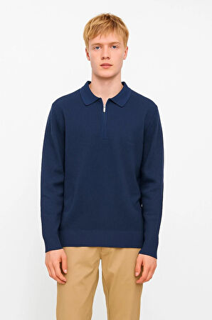 Erkek Tam Kalıp Düz Renk Polo Yaka Fermuarlı Uzun Kollu Triko Kazak - LP903