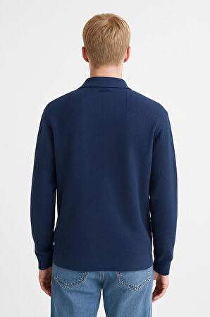 Erkek Tam Kalıp Düz Renk Polo Yaka Fermuarlı Uzun Kollu Triko Kazak - LP903