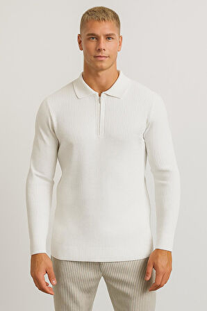 Erkek Tam Kalıp Düz Renk Polo Yaka Fermuarlı Uzun Kollu Triko Kazak - LP903