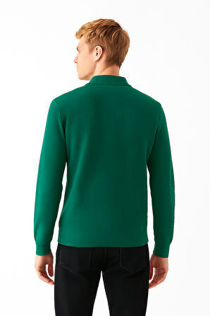 Erkek Tam Kalıp Düz Renk Polo Yaka Fermuarlı Uzun Kollu Triko Kazak - LP903