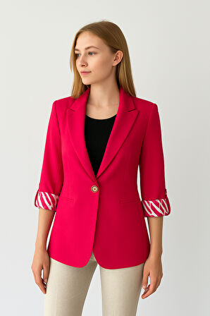 Kadın Astarlı Kol Detaylı Düğmeli Büyük ve Normal Beden Blazer Ceket -C409