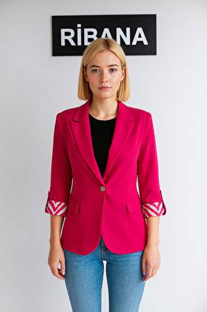Kadın Astarlı Kol Detaylı Düğmeli Büyük ve Normal Beden Blazer Ceket -C409
