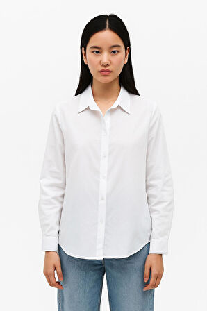 Kadın Slim Fit Dar Kesim Uzun Kollu Pamuklu Vücuda Oturan Dokulu Beyaz Basic Terikoton Gömlek - 20349