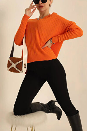 Kadın V Yaka Oversize Basic Kare Desenli Fitilli  Triko Kazak - 6542
