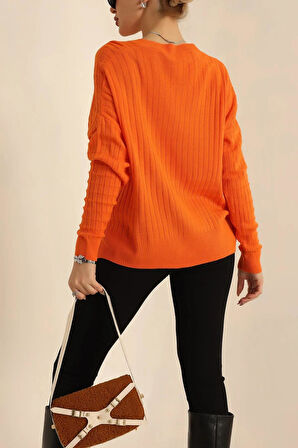 Kadın V Yaka Oversize Basic Kare Desenli Fitilli  Triko Kazak - 6542