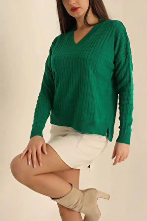 Kadın V Yaka Oversize Basic Kare Desenli Fitilli  Triko Kazak - 6542