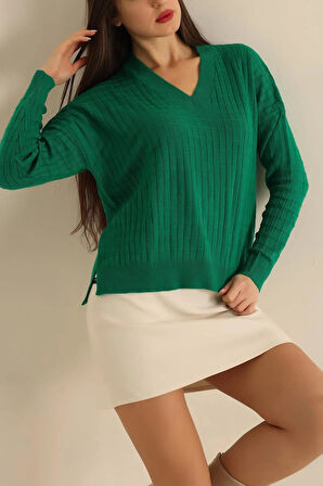 Kadın V Yaka Oversize Basic Kare Desenli Fitilli  Triko Kazak - 6542