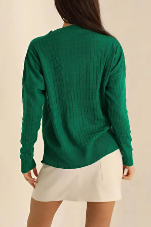Kadın V Yaka Oversize Basic Kare Desenli Fitilli  Triko Kazak - 6542