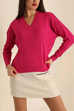 Kadın V Yaka Oversize Basic Kare Desenli Fitilli  Triko Kazak - 6542