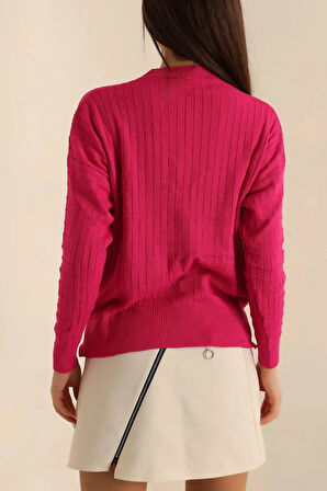 Kadın V Yaka Oversize Basic Kare Desenli Fitilli  Triko Kazak - 6542