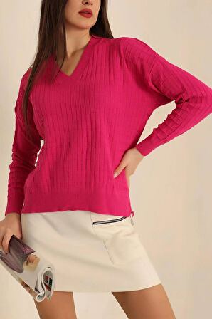 Kadın V Yaka Oversize Basic Kare Desenli Fitilli  Triko Kazak - 6542